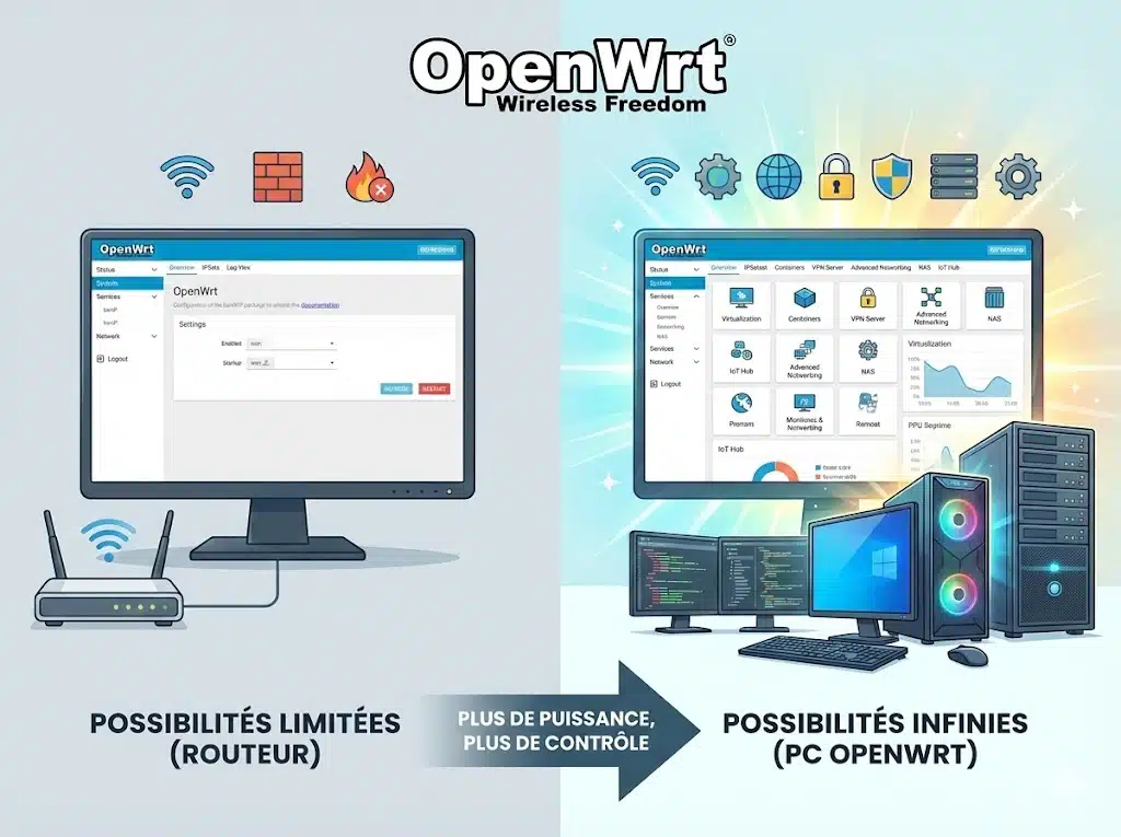 open wrt sur un pc bine plus de possibilités que sur un routeur