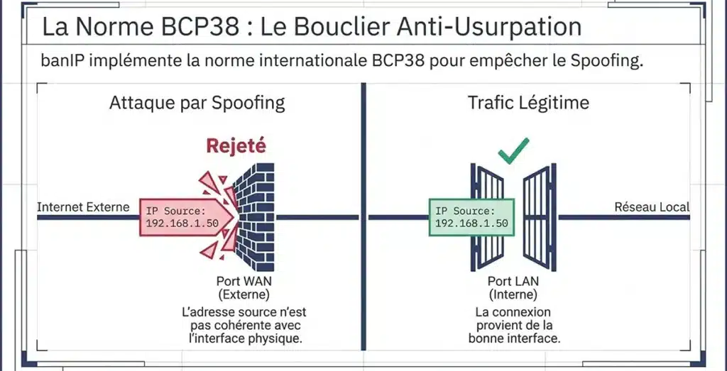 banIP – Le bouclier du Système Cerbère banIP , Le bouclier du Système Cerbère contre les adresses IP dangereuses Votre réseau est ouvert à 4 milliards d'adresses. banIP décide lesquelles ont le droit d'entrer. Chaque seconde, votre connexion internet reçoit des tentatives de contact provenant d'adresses IP du monde entier. La plupart sont inoffensives. D'autres appartiennent à des machines contrôlées par des cybercriminels, des robots qui scannent les réseaux à la recherche de failles, ou des serveurs infectés par des logiciels malveillants. Le module «banIP», intégré au cœur du Système Cerbère, est un système de filtrage avancé qui bloque automatiquement ces adresses dangereuses avant même qu'elles n'atteignent vos ordinateurs. Il fonctionne en permanence, se met à jour tout seul, et peut être entièrement configuré par l'utilisateur final grâce à une interface graphique simple accessible depuis un navigateur web. Que fait banIP concrètement ? Pour le dire simplement : banIP prend des listes d'adresses IP connues comme dangereuses et les bloque automatiquement au niveau du réseau. Aucune de ces adresses ne peut communiquer avec vos machines, ni en entrée (quelqu'un qui tente de vous atteindre), ni en sortie (un logiciel malveillant sur votre réseau qui tenterait de "téléphoner" à son serveur de commande). Ce blocage s'effectue à trois niveaux distincts En entrée vers votre routeur : Il bloque les tentatives d'accès direct à votre équipement réseau, par exemple, un pirate qui tente de se connecter à distance. En entrée vers vos appareils : Il bloque les connexions venant d'internet qui ciblent vos ordinateurs, imprimantes, caméras ou tout appareil connecté à votre réseau local. En sortie depuis vos appareils : Il empêche vos machines de contacter des serveurs dangereux, ce qui est essentiel si un logiciel malveillant a réussi à s'installer et tente de communiquer avec son "centre de commande". Le blocage géographique : la première ligne de défense Le Système Cerbère utilise banIP pour bloquer des pays entiers. Sur les 4 milliards d'adresses IP existantes dans le monde, seules environ 315 millions sont autorisées à communiquer avec votre réseau. Les 90 % restants, qui n'ont aucune raison légitime de contacter votre entreprise, sont bloqués à la porte. Ce n'est pas de la paranoïa. Les statistiques montrent que la grande majorité des attaques informatiques contre les entreprises françaises proviennent de zones géographiques très identifiées. En bloquant ces zones, on élimine d'emblée l'immense majorité des tentatives d'intrusion, sans aucun impact sur votre activité quotidienne. Le blocage par 30 listes noires spécialisées : un filet de sécurité à mailles très serrées Au-delà du blocage géographique, banIP s'appuie sur une trentaine de listes noires maintenues par des organisations reconnues en cybersécurité, universités, centres de recherche, entreprises spécialisées, communautés d'experts. Ces listes sont mises à jour automatiquement, gratuitement et en continu. Chaque liste a une spécialité Certaines identifient les serveurs qui lancent des attaques par force brute (des milliers de tentatives de mots de passe par minute). D'autres repèrent les machines infectées par des logiciels malveillants (botnets) qui servent de relais aux cybercriminels. D'autres encore ciblent spécifiquement les réseaux utilisés pour le phishing bancaire (faux sites de banques). Certaines bloquent les adresses IP qui ne devraient tout simplement pas exister sur internet (adresses "bogon", utilisées pour de l'usurpation d'identité réseau). Le détail complet des 30 listes utilisées par le Système Cerbère est disponible en bas de cette page. La protection contre les attaques par saturation (DoS) banIP ne se contente pas de filtrer les adresses IP. Il protège également votre réseau contre les attaques par saturation, dites "déni de service", qui visent à noyer votre connexion sous un flot de requêtes inutiles jusqu'à la rendre inutilisable. Trois types d'attaques sont détectés et bloqués automatiquement : Attaques SYN Flood : des milliers de demandes de connexion simultanées qui visent à épuiser les ressources de votre routeur. banIP détecte ce comportement anormal et bloque les paquets excédentaires au-delà d'un seuil configurable. Attaques UDP Flood : même principe, mais avec un autre protocole de communication. Particulièrement utilisé pour saturer les connexions des petites structures. Attaques ICMP Flood : envoi massif de "pings" pour ralentir ou bloquer votre réseau. banIP les détecte et les stoppe. Pour chaque type d'attaque, un seuil de tolérance est défini. En dessous, le trafic passe normalement. Au-dessus, les paquets suspects sont automatiquement rejetés. La surveillance en temps réel des tentatives de connexion Comme les logiciels professionnels fail2ban ou CrowdSec, banIP surveille en permanence les journaux d'activité de votre réseau. Si une adresse IP tente de se connecter avec un mauvais mot de passe, que ce soit sur l'interface d'administration de votre routeur, via une connexion SSH, ou sur tout autre service protégé, elle est automatiquement ajoutée à la liste noire locale. Cette fonctionnalité est personnalisable : vous pouvez définir au bout de combien de tentatives échouées une adresse est bloquée, et pendant combien de temps elle le reste. Les services surveillés par défaut Les tentatives de connexion SSH (accès à distance sécurisé) Les tentatives de connexion à l'interface d'administration LuCI Les tentatives de connexion au serveur web (nginx) Les tentatives de connexion au système téléphonique (Asterisk, pour les entreprises utilisant la VoIP) Vous pouvez ajouter d'autres services à surveiller en définissant simplement les termes à rechercher dans les journaux. Une liste blanche et une liste noire personnalisables banIP gère deux listes locales que vous pouvez modifier à tout moment : La liste blanche (allowlist) : les adresses IP, les plages d'adresses ou les noms de domaine qui ne doivent jamais être bloqués, quoi qu'il arrive. Par exemple, l'adresse de votre fournisseur de logiciel métier, ou celle de votre expert-comptable. La liste noire locale (blocklist) : les adresses que vous souhaitez bloquer vous-même, en plus de celles déjà présentes dans les listes noires automatiques. Utile si vous constatez des comportements suspects venant d'une adresse précise. Ces listes acceptent des adresses IP individuelles, des plages d'adresses complètes (en notation CIDR), des adresses MAC (l'identifiant unique de chaque appareil réseau), et même des noms de domaine, banIP se charge de retrouver les adresses IP correspondantes. Le mode "liste blanche uniquement" : la sécurité maximale Pour les environnements les plus sensibles, banIP propose un mode radical : au lieu de bloquer les adresses dangereuses, il bloque tout ce qui n'est pas explicitement autorisé. Seules les adresses IP présentes dans votre liste blanche peuvent communiquer avec votre réseau. Ce mode est particulièrement adapté aux postes de travail qui n'ont besoin d'accéder qu'à un nombre limité de services en ligne, par exemple, uniquement la messagerie, le logiciel de comptabilité et le site de la banque. La protection BCP38 contre l'usurpation d'adresses banIP implémente la norme BCP38, une recommandation internationale de sécurité réseau. Son principe : rejeter tout paquet dont l'adresse source n'est pas cohérente avec l'interface par laquelle il arrive. En termes simples, si une connexion prétend venir d'un réseau local alors qu'elle arrive depuis internet, elle est immédiatement bloquée. Cette technique empêche une forme d'attaque appelée "spoofing", où un attaquant se fait passer pour une adresse de confiance. BANIP se pilote depuis une interface graphique L'ensemble de ces fonctionnalités est accessible depuis l'interface graphique LuCI, que vous ouvrez simplement dans votre navigateur web en tapant l'adresse de votre routeur Cerbère. L'interface est organisée en onglets clairs Paramètres généraux : activer/désactiver le service, configurer la détection automatique du réseau, choisir le mode de blocage (silencieux ou avec notification). Sélection des listes : cocher ou décocher les listes noires que vous souhaitez activer. Vous pouvez aussi choisir les pays à bloquer dans le filtre géographique. Paramètres des listes : pour chaque liste, vous pouvez décider si elle bloque le trafic entrant, sortant, ou les deux. Vous pouvez aussi limiter le blocage à certains protocoles ou ports. Paramètres du journal : configurer la surveillance des tentatives de connexion échouées, ajuster les seuils de détection, ajouter des services à surveiller. Rapports : consulter les statistiques de blocage en temps réel, combien de paquets bloqués, par quelle liste, depuis quelles adresses. Un bouton "Actualiser" affiche les données les plus récentes. Recherche : saisir n'importe quelle adresse IP pour savoir instantanément si elle est bloquée et par quelle liste. Éditeur de listes personnalisées : modifier vos listes blanches et noires locales, ou même créer de nouvelles sources de blocage personnalisées. Carte géographique : une carte interactive qui montre en vert la localisation de votre connexion et en rouge celle des attaquants détectés. Les fonctionnalités avancées banIP offre également des fonctionnalités destinées aux utilisateurs plus expérimentés ou aux configurations réseau complexes : Blocage par numéro ASN : permet de bloquer non pas un pays entier, mais un fournisseur d'accès ou un hébergeur spécifique identifié par son numéro de système autonome. Blocage par registre régional (RIR) : possibilité de bloquer l'ensemble des pays rattachés à un registre internet régional, par exemple, tous les pays de la zone APNIC (Asie-Pacifique). Liaison MAC/IP : possibilité d'associer une adresse physique d'appareil (MAC) à une adresse IP spécifique, pour renforcer la sécurité de vos attributions réseau. Blocage de DNS et DoH tiers : empêche vos appareils de contourner le filtrage DNS d'AdGuard Home en utilisant des serveurs DNS publics ou des serveurs DNS chiffrés (DoH). Cette fonctionnalité est essentielle pour garantir que tout le trafic DNS passe bien par le filtrage du Système Cerbère. Gestion des VLAN : possibilité d'autoriser ou de bloquer le trafic entre différents réseaux virtuels au sein de votre entreprise. Notifications par e-mail : réception d'un rapport automatique par e-mail à chaque mise à jour des listes ou en cas d'événement de sécurité. Interface de journalisation à distance : les autres équipements de votre réseau peuvent envoyer des événements de sécurité à banIP pour un blocage centralisé. Sauvegarde et restauration automatiques : toutes les listes sont sauvegardées automatiquement. En cas de problème de téléchargement lors d'une mise à jour, les dernières versions valides sont restaurées instantanément. Dédoublonnage : les adresses IP présentes dans plusieurs listes ne sont comptées qu'une seule fois, ce qui optimise les performances et la mémoire. En résumé banIP est le composant de défense active du Système Cerbère. Il combine le blocage géographique, le filtrage par listes noires spécialisées, la détection d'attaques par saturation, la surveillance en temps réel des tentatives d'intrusion et la protection contre l'usurpation d'adresses, le tout piloté depuis une interface graphique accessible à un non-spécialiste. C'est l'équivalent d'un vigile professionnel posté à l'entrée de votre réseau, 24 heures sur 24, qui vérifie l'identité de chaque visiteur et refuse l'accès à tous ceux qui figurent sur une liste noire, ou qui n'ont tout simplement rien à faire là. Annexe — Les 30 listes noires du Système Cerbère Voici le détail des listes de blocage activées dans le Système Cerbère. Chacune est spécialisée dans un type de menace et maintenue à jour automatiquement par des organismes reconnus en cybersécurité. Listes de réputation et d'attaques actives # becyber — Attaquants identifiés par la communauté BeCyber Liste de réputation ciblant les attaquants actifs identifiés par la communauté BeCyber. Indispensable pour bloquer les tentatives d'intrusion furtives. Volume approximatif : 1 000 à 5 000 adresses IP. # cinsscore — Score de réputation CI Security Basée sur le score de réputation CI Security, elle écarte les "mauvais voisins" du web ayant un historique d'attaques répétées. Volume approximatif : 5 000 à 15 000 adresses IP. # bruteforceblock — Attaques par force brute Spécialisée dans l'identification des serveurs lançant des attaques par dictionnaire ou force brute, c'est-à-dire des milliers de tentatives de mots de passe par minute. Volume approximatif : 1 500 à 3 000 adresses IP. # debl — Compilation Fail2ban mondiale Compilation d'adresses IP bannies par des instances Fail2ban à travers le monde. Très efficace contre les robots opportunistes. Volume approximatif : 10 000 à 30 000 adresses IP. # turris — Données de pièges à pirates (honeypots) Données collectées par les routeurs Turris Sentinel, qui fonctionnent comme des pièges à pirates. Très efficace car elle reflète les attaques réelles observées sur des routeurs du monde entier. Volume approximatif : 5 000 à 8 000 adresses IP. # myip — Blocage en temps réel Analyse les menaces en temps réel pour offrir une barrière immédiate contre les nouveaux attaquants détectés sur le réseau. Volume approximatif : 5 000 à 10 000 adresses IP. # greensnow — Surveillance des ports sensibles Une liste "vivante" qui surveille en permanence les serveurs tentant de se connecter à des ports sensibles de manière suspecte. Très réactive face aux nouvelles menaces. Volume approximatif : 1 000 à 3 000 adresses IP. Listes de logiciels malveillants et botnets # binarydefense — Serveurs de commande de logiciels malveillants Fournie par Binary Defense, elle contient des adresses IP de serveurs de commande et de contrôle (C2) de malwares connus. Protection proactive contre l'exfiltration de données. Volume approximatif : 1 500 à 4 000 adresses IP. # feodo — Botnets bancaires (Emotet, Dridex) Cible spécifiquement les réseaux de robots bancaires, les plus dangereux car ils visent directement vos accès aux banques en ligne. Cruciale pour protéger vos accès aux banques françaises. Volume approximatif : 500 à 800 adresses IP. # etcompromised — Serveurs légitimes infectés Liste d'Emerging Threats répertoriant les serveurs légitimes infectés par des logiciels malveillants. Évite que vos machines ne communiquent avec des sites compromis à leur insu. Volume approximatif : 1 000 à 2 000 adresses IP. # ipthreat — Infrastructures de botnets Se concentre sur les infrastructures utilisées par les pirates pour piloter des réseaux de robots (botnets) à distance. Volume approximatif : 5 000 à 12 000 adresses IP. # urlhaus — Hébergeurs de fichiers malveillants Identifie les adresses IP hébergeant des exécutables malveillants (virus, ransomwares, chevaux de Troie). Indispensable dans toute configuration de sécurité réseau. Volume approximatif : 5 000 à 8 000 adresses IP. Listes de compilations multi-sources # firehol1, firehol2, firehol3, firehol4 — Compilations progressives Niveaux de filtrage progressifs compilés par le projet FireHOL. La firehol3 est le meilleur compromis entre sécurité et confort d'utilisation. Les niveaux 1 et 2 sont plus agressifs et peuvent occasionner des blocages de sites légitimes. Volume approximatif : de 15 000 (niveau 3) à plus de 500 000 adresses IP (niveau 1). # ipsum — Triple confirmation Une liste agrégée qui n'inclut que les adresses IP apparaissant dans au moins trois sources de menaces différentes. Très peu de faux positifs, si une adresse figure ici, elle est dangereuse. Volume approximatif : 15 000 à 25 000 adresses IP. # ipblackhole — Consolidation multi-sources Regroupe des adresses IP identifiées comme dangereuses par plusieurs sources de confiance indépendantes. Un filet de sécurité supplémentaire. Volume approximatif : 2 000 à 4 000 adresses IP. # threatview — Vision large des menaces Fournit une vision étendue des menaces : logiciels malveillants, phishing et serveurs de commande. Très complémentaire aux listes FireHOL. Volume approximatif : 50 000 à 100 000 adresses IP. # drop — Compilation Spamhaus "Don't Route Or Peer" Liste de Spamhaus regroupant des réseaux entiers contrôlés par des cybercriminels. Blocage très sûr avec très peu de faux positifs, c'est l'une des listes les plus fiables au monde. Volume approximatif : 800 à 1 200 réseaux. # dshield — Top 20 SANS Internet Storm Center Les sous-réseaux les plus suspects détectés par le centre d'analyse SANS. Une défense historique et robuste, maintenue depuis plus de vingt ans. Volume approximatif : 20 à 50 réseaux critiques. Listes de blocage géographique et réseau # country — Blocage géographique par pays Le pilier de la stratégie Cerbère : permet de bloquer des zones géographiques entières pour réduire radicalement la surface d'attaque. Volume approximatif : plusieurs millions d'adresses IP (selon les pays sélectionnés). # bogon — Adresses IP "fantômes" Bloque les adresses IP qui ne devraient pas exister sur l'Internet public (non allouées par les organismes officiels). Empêche l'usurpation d'identité réseau (spoofing). Volume approximatif : environ 3 500 préfixes réseau. Listes de spam et messagerie # backscatterer — Serveurs de messagerie mal configurés Bloque les serveurs de messagerie mal configurés qui envoient des notifications de non-distribution (NDR) à des victimes de spam. Utile si vous gérez un serveur mail. Volume approximatif : 50 000 à 100 000 adresses IP. # uceprotect1, uceprotect2, uceprotect3 — Protection anti-spam à trois niveaux Niveaux de protection progressifs contre le spam. Le niveau 1 bloque les adresses IP individuelles identifiées comme sources de spam. Le niveau 2 bloque les sous-réseaux. Le niveau 3 bloque des fournisseurs entiers. Volume approximatif : très variable, jusqu'à plusieurs millions d'adresses au niveau 3. Listes de blocage sortant et anonymisation # hagezi — Blocage sortant (télémétrie, publicités, phishing) Excellente liste de sortie pour empêcher vos appareils de contacter des serveurs de télémétrie (collecte de données), de publicités intrusives ou de phishing. Volume approximatif : 20 000 à 50 000 adresses IP. # proxy / vpn / vpndc — Services d'anonymisation Bloque les accès via des proxies, des VPN anonymes ou des datacenters utilisés pour masquer l'origine réelle d'une connexion. Utile pour empêcher des attaquants de dissimuler leur identité. Volume approximatif : 100 000 à 300 000 adresses IP. # tor — Nœuds de sortie du réseau Tor Bloque les nœuds de sortie du réseau d'anonymisation Tor. Empêche les utilisateurs anonymes d'accéder à votre réseau. Volume approximatif : 1 500 à 2 500 adresses IP. # dns / doh — Serveurs DNS et DoH publics Empêche vos appareils de contourner le filtrage DNS d'AdGuard Home en utilisant des serveurs DNS tiers ou chiffrés. Force le passage de tout le trafic DNS par le filtrage local du Système Cerbère. Volume approximatif : 500 à 1 000 serveurs connus. Listes de scans et exploitations # ipexdbl — Scans de ports et exploitation de vulnérabilités Liste dynamique se concentrant sur les attaques de type scan de ports et tentatives d'exploitation de vulnérabilités web. Volume approximatif : 5 000 à 10 000 adresses IP. Article rédigé par 3WCONSEILS — Système Cerbère — Cybersécurité pour les entreprises locales. Les volumes indiqués sont approximatifs et évoluent quotidiennement en fonction des mises à jour des sources.
